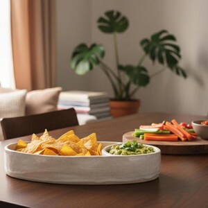 May include: A white ceramic serving dish with two compartments, one filled with tortilla chips and the other with guacamole. The dish sits on a dark wooden table, alongside a wooden cutting board with vegetables and a small bowl of salsa.