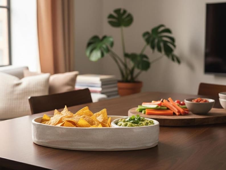 May include: A white ceramic serving dish with two compartments, one filled with tortilla chips and the other with guacamole. The dish sits on a dark wooden table, alongside a wooden cutting board with vegetables and a small bowl of salsa.