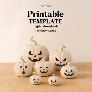 May include: A printable template digital download for seven different sizes of jack-o'-lantern pumpkins. The image displays seven off-white, matte-finish pumpkin figures with various carved facial expressions, including smiling, winking, and surprised faces.