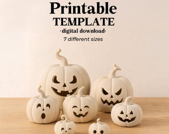 May include: A printable template digital download from ceramixis featuring seven different sizes of carved pumpkin figures. The off-white ceramic-style pumpkins display various facial expressions, including wide grins, jagged teeth, and surprised mouths.