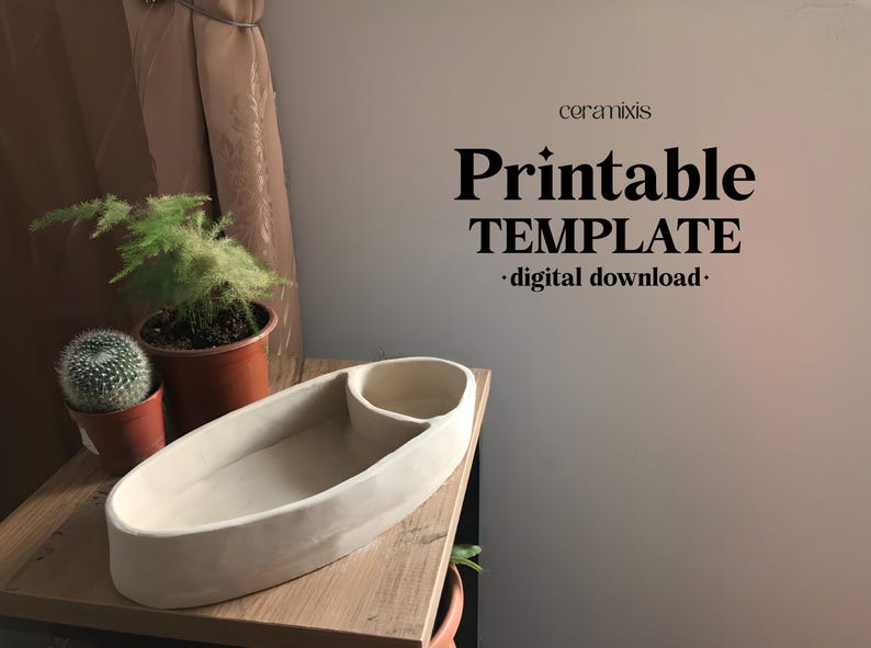 May include: A cream-colored, oval-shaped planter with a built-in small round section. The planter is on a wooden surface, with small potted plants to the left. The image includes the text "Printable TEMPLATE - digital download-".