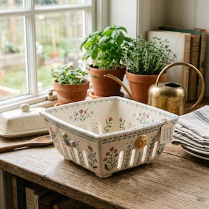 May include: A square, off-white ceramic basket with a floral design in red and blue. The basket has a decorative border and sun-shaped accents. It sits on a wooden surface near a window with potted plants.
