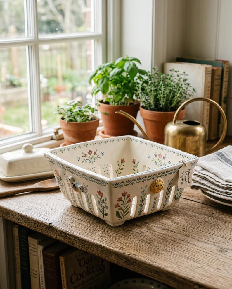 May include: A square, off-white ceramic basket with a floral design in red and blue. The basket has a decorative border and sun-shaped accents. It sits on a wooden surface near a window with potted plants.