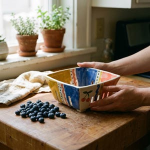 May include: A colorful ceramic berry basket with a square shape and a painted design of yellow, blue, and orange stripes, and cherries. A pile of fresh blueberries sits on a wooden surface next to the basket.