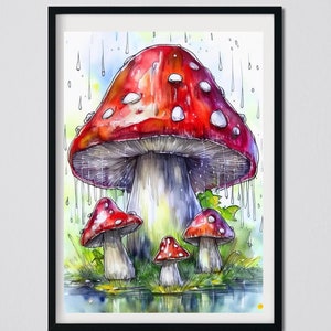 Póster imprimible de setas rojas del bosque, acuarela, decoración de pared, arte digital, formato imprimible PDF A3, A4, JPG