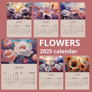 Printed calendar 2025 with illustrations of flowers, calendar flowers of life. Original flower calendar for 2025. PDF A4, A3 and PNG format.