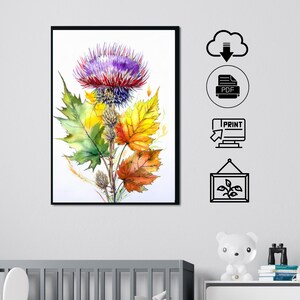 Cardo y hojas de otoño, póster verde imprimible, acuarela, decoración de pared, arte imprimible, arte digital. Formato imprimible PDF A3, A4, JPG