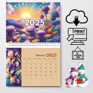 Calendar 2025 Flowers Printable, calendar Floral theme 2025 Romance of nature starts on sunday. PDF A4 and JPG format Calendar has 12 pages