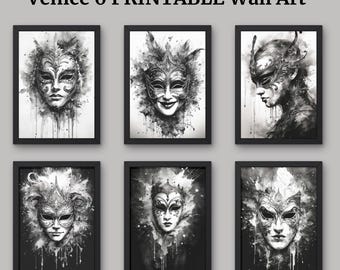 Venezianische Masken Aquarell Druck Set, Vintage Italien Wandkunst (Digitaler Download)