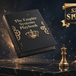 Könnte beinhalten: Ein schwarzes Buch mit dem Titel The Empire Systems Playbook, verziert mit einer goldenen Krone und Zahnrädern, das über einer dunklen Marmoroberfläche neben einer goldenen Schachkönig-Figur und einem goldenen Banner mit dem Preis 19,99 $ schwebt.