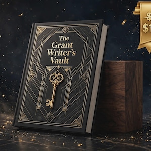 May include: A black hardcover book titled The Grant Writer's Vault with gold foil geometric lines and a central gold key illustration on the front cover. The book is positioned upright next to a dark brown wooden block.