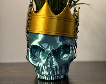 Hanging Skull Planter with Crown: 3D Printed Goth Halloween Decor