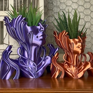 May include: Two decorative planters in the shape of a face, one purple and one copper. Each planter holds green faux plants. The planters have a unique design with flowing lines and a human face.