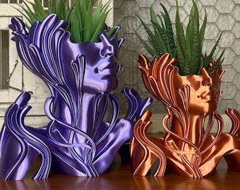 Woman Face Planter, 3D Printed: Lady Abstract Art Vase, Bust Pot, Small Plants, 40 Color Options