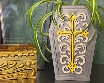 Coffin Pencil Cup or Planter, 3D Printed: Pot, Vase, Makeup or Paint Brush Holder, Gothic Desk Decor, Customizable, 2 Fronts Variations