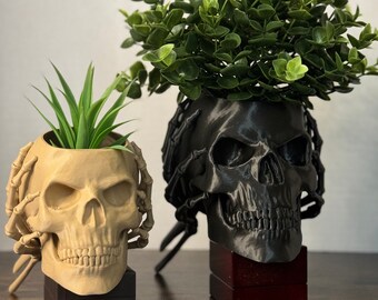 Skull Planter with Hands, 3D Printed: Gothic Home Decor, Wall Hanging Option, 40 Color Options