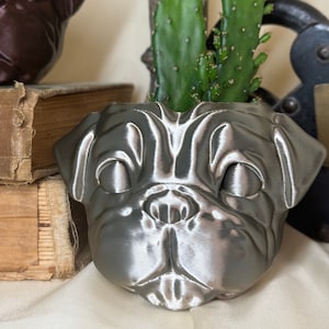 May include: A silver-colored pug-shaped planter with a cactus plant growing inside. The planter is sitting on a stack of old books.