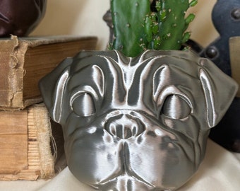 Pug Planter, 3D Printed: Desk or Hanging Dog Vase, Small Plants, 40 Color Options