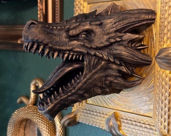Dragon Head Wall Art, 3D Printed: Fantasy Decor with Frame, 40 Color Options