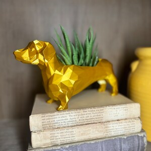 May include: A gold geometric dachshund planter with a succulent plant growing inside. The planter is sitting on a stack of old books.