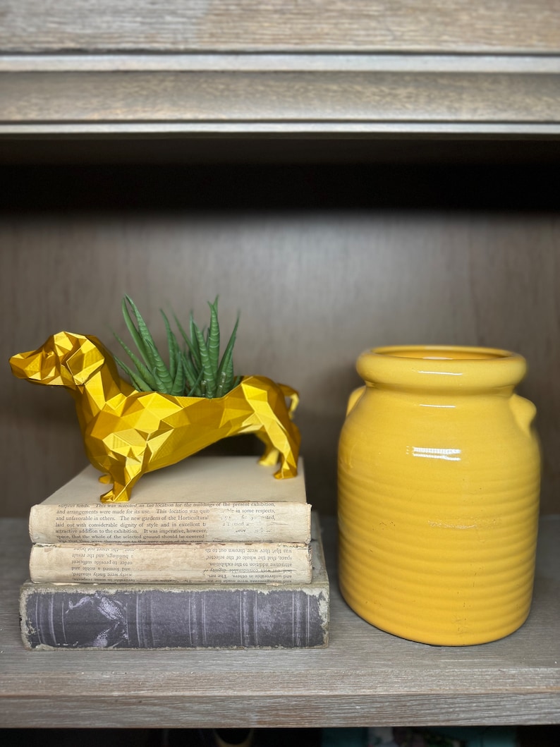 May include: A gold geometric dachshund figurine sits on a stack of books with a yellow ceramic jar on a wooden shelf. The dachshund is holding a small succulent plant.
