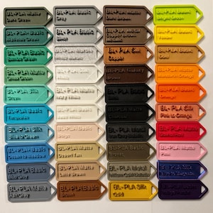 May include: A collection of 36 small plastic sample tags, each with a different colour and finish. The tags are labelled with the type of plastic, the colour, and the finish. The colours include: dark green, mistletoe green, bamboo green, grass green, green, turquoise, blue to green, ocean to meadow, blue grey, ash grey, grey, silver, white marble, white, ivory white, beige, desert tan, latte brown, brown, copper, gold, orange, mandarin orange, pink to orange, salmon red, plum, bronze, iridium gold metallic, gold, and black.