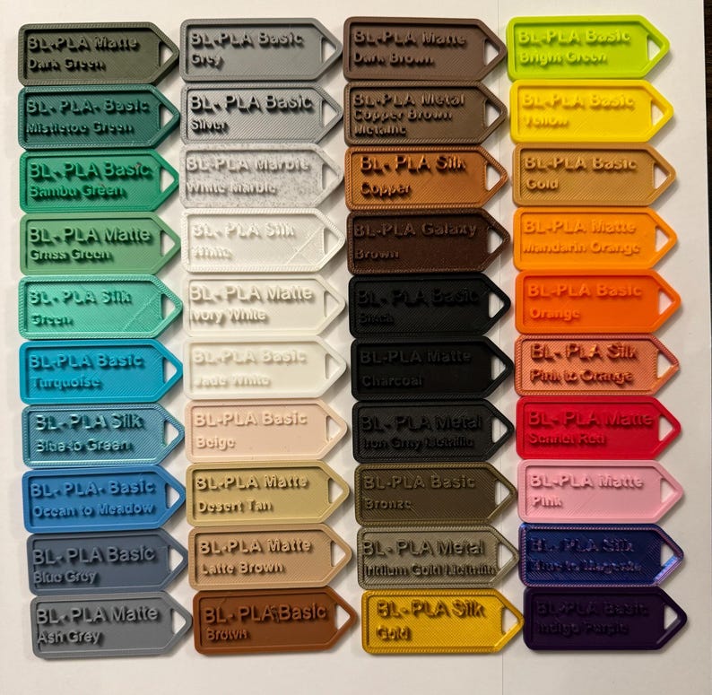 May include: A collection of 36 small plastic sample tags, each with a different colour and finish. The tags are labelled with the type of plastic, the colour, and the finish. The colours include: dark green, mistletoe green, bamboo green, grass green, green, turquoise, blue to green, ocean to meadow, blue grey, ash grey, grey, silver, white marble, white, ivory white, beige, desert tan, latte brown, brown, copper, gold, orange, mandarin orange, pink to orange, salmon red, plum, bronze, iridium gold metallic, gold, and black.