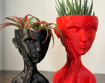 Woman Face Planter, 3D Printed: Abstract Art Vase, Small Plants, 40 Color Options