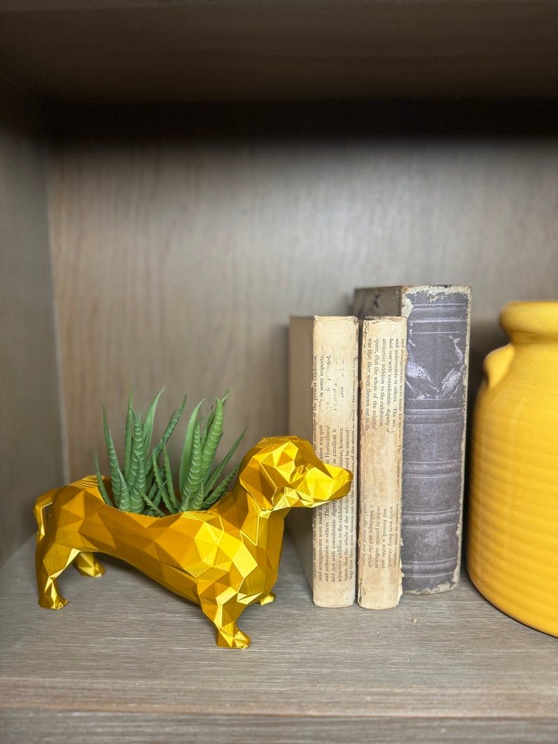 May include: A gold geometric dachshund planter with a succulent plant inside. The planter is sitting on a shelf with books and a yellow ceramic vase.