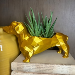 May include: A gold geometric dachshund planter with a succulent plant inside. The planter is sitting on top of a stack of books.