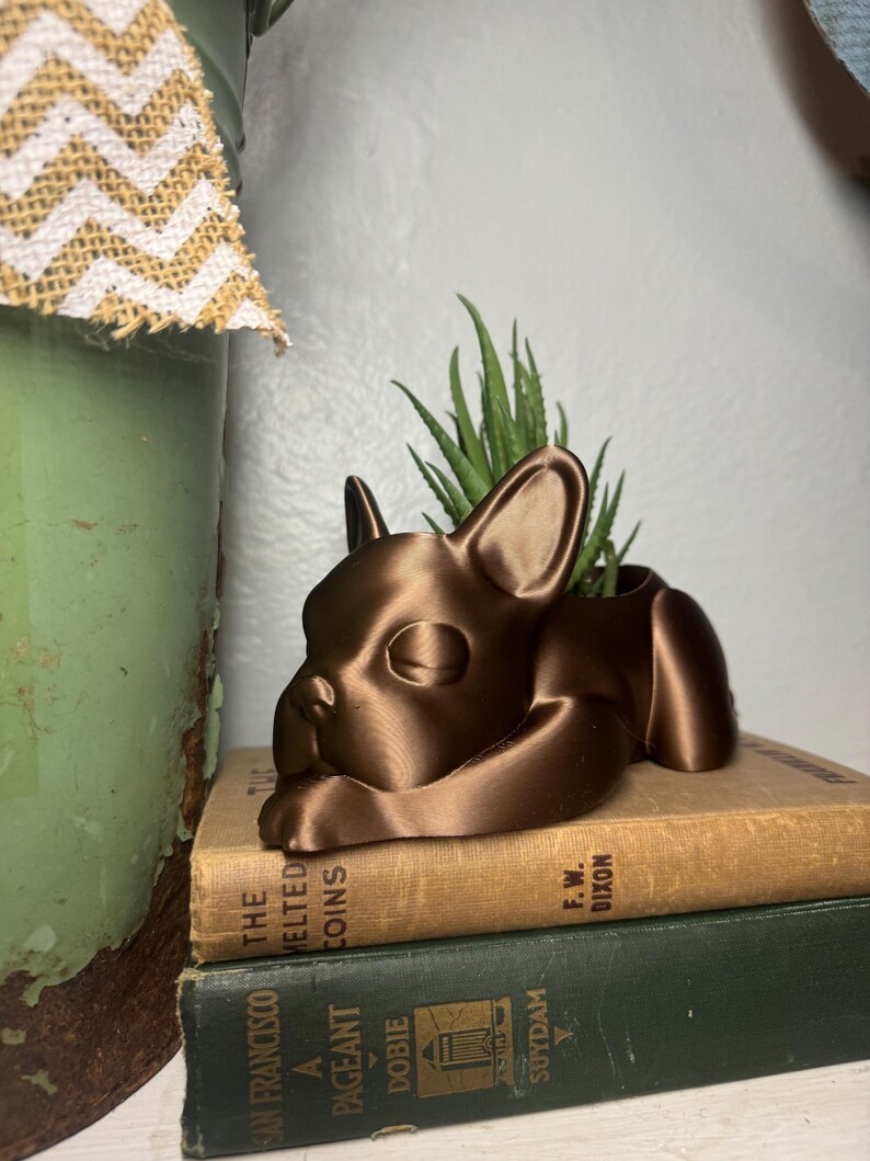 Może przedstawiać: Ceramiczna doniczka w kolorze miedzi w kształcie buldoga francuskiego, z małą sukulentem rosnącym w środku. Doniczka stoi na dw&oacute;ch książkach.