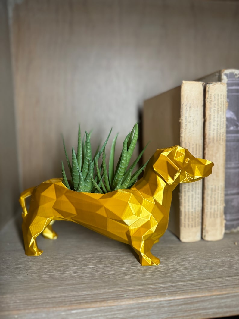 May include: A gold geometric dachshund planter with a succulent plant inside. The planter is sitting on a wooden shelf.
