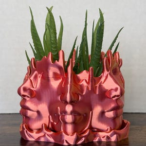 May include: A rose gold planter shaped like four faces with a succulent plant growing out of the top.