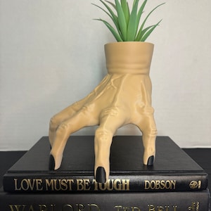 May include: A beige ceramic hand planter with black nail polish, holding a small green succulent plant. The planter is sitting on top of two black books, one titled "Love Must Be Tough" and the other titled "Warlord".