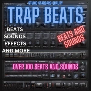 Puede incluir: Una estación de trabajo de audio digital negra y gris con el texto "TRAP BEATS" en azul y blanco. El texto "BEATS AND SOUNDS" está en rojo y blanco. El texto "OVER 100 BEATS AND SOUNDS" está en rosa y blanco.