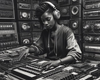 May include: A monochrome image of a person wearing headphones, working at a sound mixing desk in a recording studio. The studio is filled with audio equipment, including speakers and amplifiers. The person is concentrating on the task.