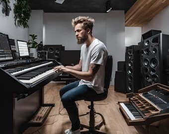 May include: A man sits in a recording studio playing a black and white keyboard. The keyboard has a wooden stand and is connected to a computer monitor. There are several large speakers in the background.