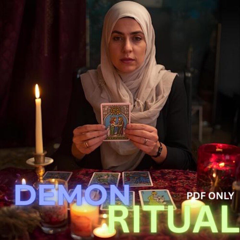 Op de afbeelding: Een persoon houdt een tarotkaart vast met een kleurrijke illustratie, omringd door andere kaarten en brandende kaarsen. De afbeelding heeft de tekst "DEMON RITUAL PDF ONLY" op de voorgrond. De sc&egrave;ne speelt zich af op een rood patroon.