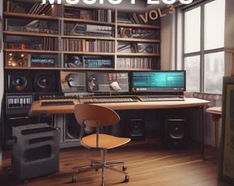 May include: A home music studio featuring a desk, computer monitors, speakers, and a chair. The desk is equipped with a keyboard, a mixer, and other music production equipment. The room has a bookshelf filled with CDs and books. The text on the wall reads "MUSIC PLUS VOL 3".