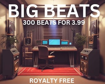 May include: A recording studio with a mixing desk, a computer monitor, and speakers. The text "BIG BEATS 300 BEATS FOR 3.99 ROYALTY FREE" is displayed on the wall.