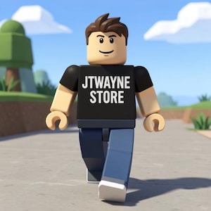 Peut inclure: Une figurine 3D d'une personne souriante, portant un t-shirt noir avec le texte "JTWAYNE STORE" en blanc, un jean bleu et des chaussures blanches. La figurine marche sur un chemin gris avec un fond vert et un ciel bleu.