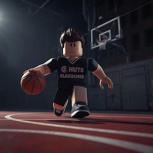 May include: A digital illustration of a block figure playing basketball on a red court. The figure is wearing a black jersey with white trim and the text "HUTO BLAKEONS". A basketball hoop is in the background.