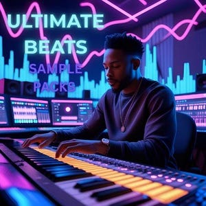 Puede incluir: Una persona tocando un teclado en un estudio de música. La imagen presenta el texto "ULTIMATE BEATS SAMPLE PACKS" en colores neón. El estudio está iluminado con luces de neón azules y rosas, creando un ambiente vibrante.