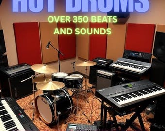 May include: A music studio with a drum kit, keyboards, and audio equipment. The image includes text that reads "HOT DRUMS," "OVER 350 BEATS AND SOUNDS," and "EXCLUSIVE ETSY BEAT PACK."
