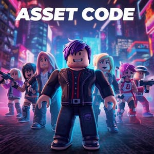 May include: Digital artwork depicting a group of Roblox-style characters in a futuristic cityscape. The characters have diverse appearances, with various hairstyles and outfits. The text "ASSET CODE" is displayed at the top of the image.