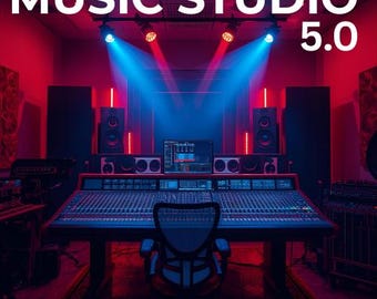 May include: A music studio interior with a large mixing console, speakers, and a computer monitor. The text "MUSIC STUDIO 5.0" is at the top, and "OVER 5GB OF KITS AND SOUNDS" is at the bottom. The room is lit with red and blue lights.