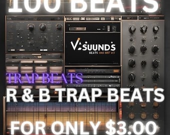 May include: A digital image advertising 100 trap beats and R&B trap beats for only £3.00. The image features a music production software interface with various knobs and sliders. The text "VISUUND'S BEATS OND BEIT AST" is displayed in the center of the image.