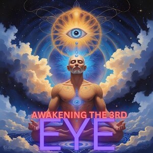 May include: Digital art depicting a bald person meditating in a lotus position, with a glowing third eye above their head. The text "AWAKENING THE 3RD EYE" is displayed in pink and purple. The background features clouds and a starry sky.