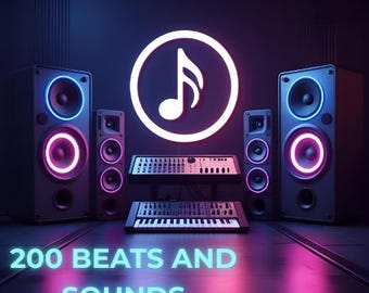 Può includere: Una scena di studio musicale illuminata al neon, con altoparlanti, tastiere e un simbolo di nota musicale. Il testo "200 BEATS AND SOUNDS" è visualizzato in basso. Gli altoparlanti hanno luci circolari blu e rosa.