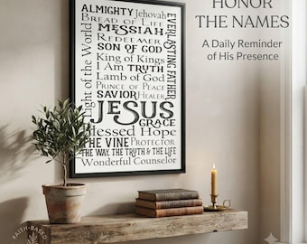 Names of Jesus Framed Canvas, Christian Wall Art Bible Verse Decor Religious Gift for Home Scripture Art Modern Christian Decor Baptism Gift
